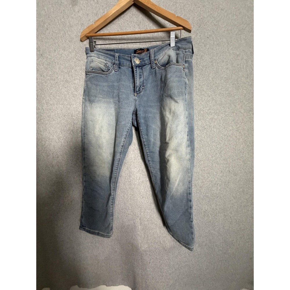 Seven7 Jeans Womens 31 Blue Light Wash Rhinestone Capri Stretch Y2k Denim